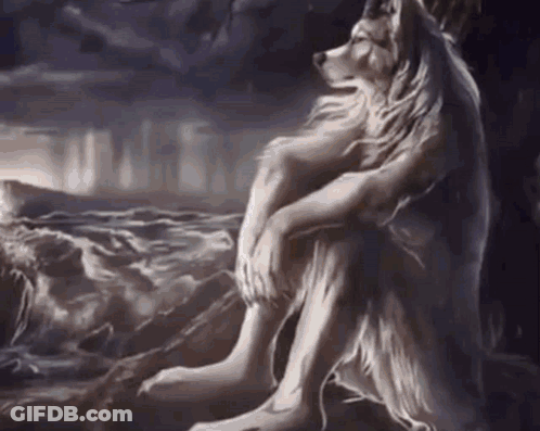 A Painting Of A Werewolf Sitting On A Rock Looking At The Ocean . GIF