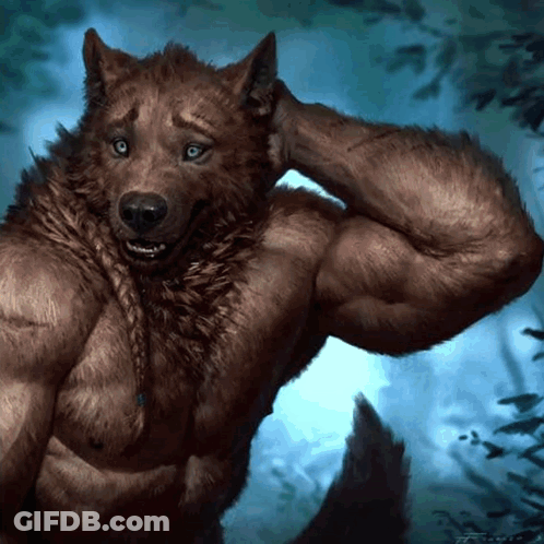 A Painting Of A Werewolf With A Braid On His Neck GIF