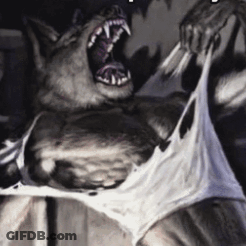 A Painting Of A Werewolf With Its Mouth Open And Teeth Showing GIF