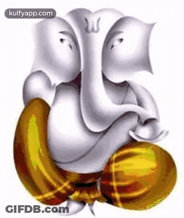 A Painting Of A White And Gold Ganesha Sitting On A Golden Elephant . GIF
