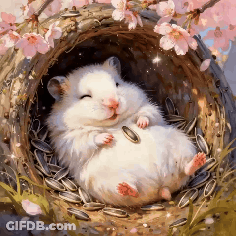 A Painting Of A White Hamster Laying In A Nest Of Sunflower Seeds GIF
