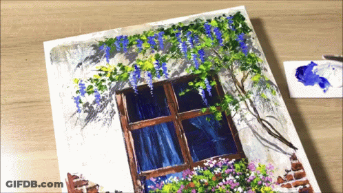 A Painting Of A Window With Blue Flowers And A Brick Wall GIF