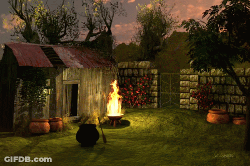 A Painting Of A Witch 'S House With A Cauldron And A Fire GIF