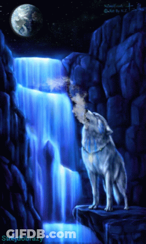 A Painting Of A Wolf Howling At A Waterfall By Strejobrazy GIF