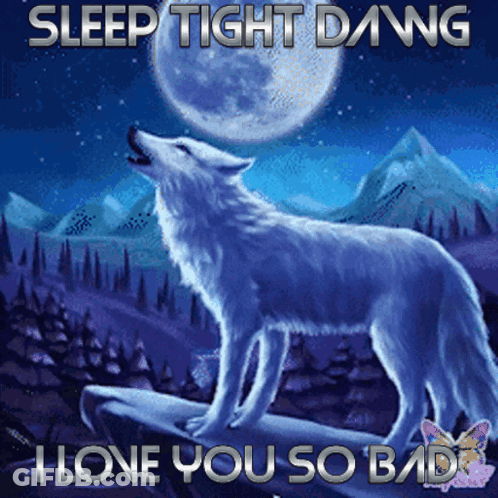 A Painting Of A Wolf Howling At The Moon With The Words Sleep Tight Dang I Love You So Bad GIF