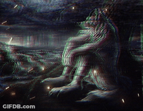 A Painting Of A Wolf Sitting In The Woods GIF