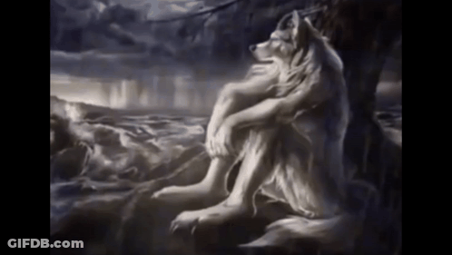 A Painting Of A Wolf Sitting On A Rock Looking At The Water GIF