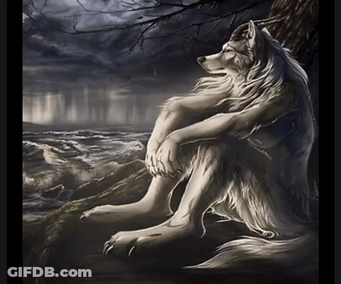 A Painting Of A Wolf Sitting On A Rock Looking Out Over The Ocean GIF