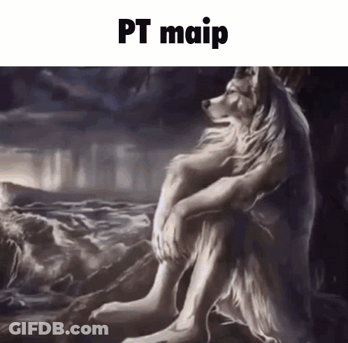 A Painting Of A Wolf Sitting On A Rock With The Words " Pt Maip " Below It GIF