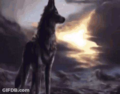A Painting Of A Wolf Standing In Front Of A Cloudy Sky GIF