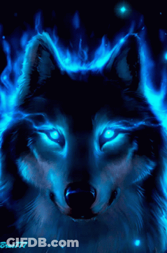 A Painting Of A Wolf With Blue Flames Around Its Eyes GIF