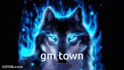 A Painting Of A Wolf With Blue Flames Behind It And The Words Gm Town . GIF