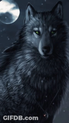 A Painting Of A Wolf With Green Eyes And A Full Moon Behind It GIF