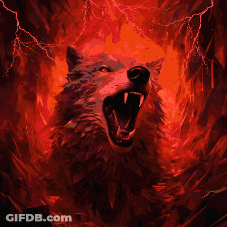 A Painting Of A Wolf With Its Mouth Open And Lightning In The Background GIF