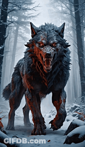 A Painting Of A Wolf With Its Mouth Open In The Snow GIF