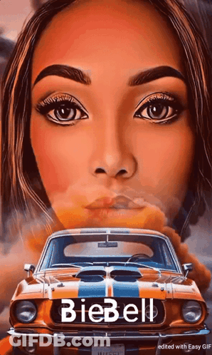 A Painting Of A Woman And A Car With The Name Biebel GIF