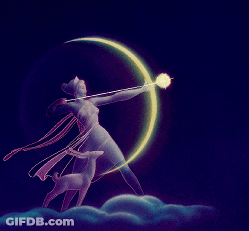 A Painting Of A Woman And A Deer With A Crescent Moon Behind Them GIF