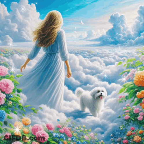 A Painting Of A Woman And A Dog In The Clouds With Flowers In The Background GIF