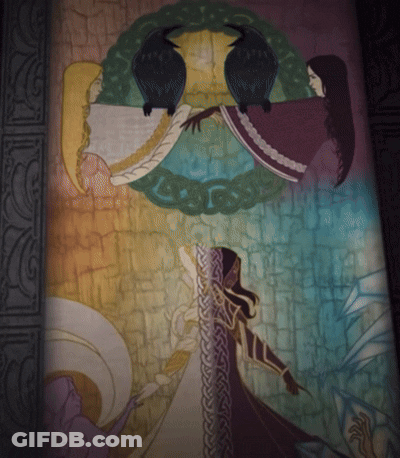 A Painting Of A Woman And Two Birds With A Celtic Pattern GIF