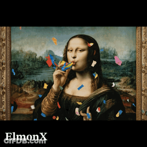 A Painting Of A Woman Blowing A Party Horn With The Word Elmonx Below Her GIF
