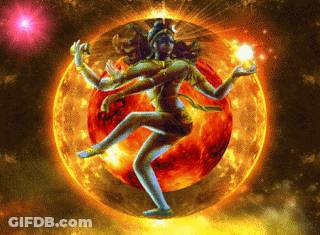 A Painting Of A Woman Dancing In Front Of A Glowing Sun GIF