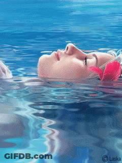A Painting Of A Woman Floating In The Water With A Flower In Her Hair By Laska GIF