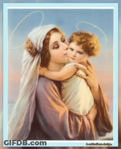 A Painting Of A Woman Holding A Baby With The Words A Collection Of Design Below It GIF