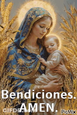 A Painting Of A Woman Holding A Baby With The Words Bendiciones Amen Written Below It GIF