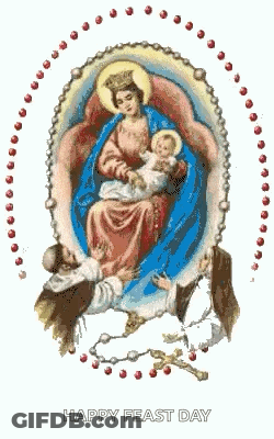 A Painting Of A Woman Holding A Baby With The Words Happy Feast Day Below Her GIF