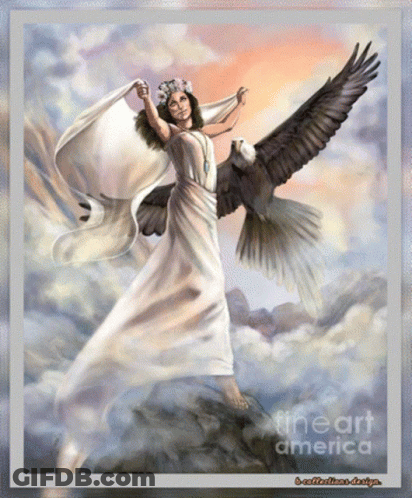 A Painting Of A Woman Holding A Bald Eagle With Fineart America Written On The Bottom GIF