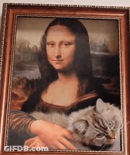 A Painting Of A Woman Holding A Cat In Her Lap GIF