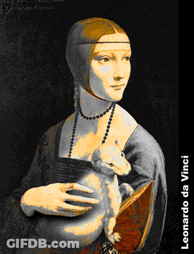 A Painting Of A Woman Holding A Cat With The Name Leonardo Da Vinci On The Bottom GIF