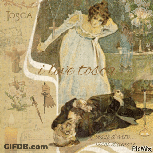 A Painting Of A Woman Holding A Cross Next To A Man Laying On The Ground With The Words I Love Tosca GIF