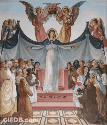A Painting Of A Woman Holding A Crown And The Words Ora Pro Nobis Below Her GIF