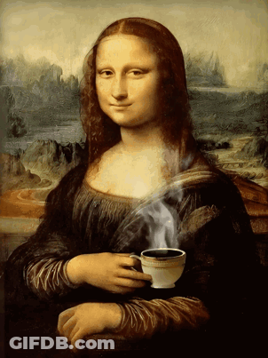 A Painting Of A Woman Holding A Cup Of Steaming Coffee GIF