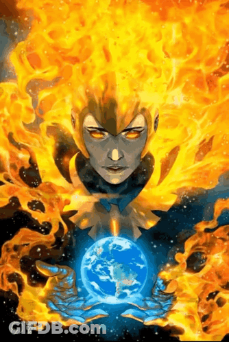 A Painting Of A Woman Holding A Globe In Her Hands Surrounded By Flames GIF