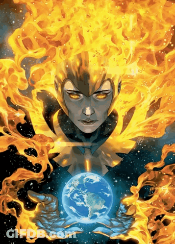A Painting Of A Woman Holding A Globe With Flames Behind Her GIF