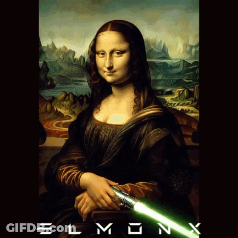 A Painting Of A Woman Holding A Green Light Saber With The Words El Monx Below It GIF