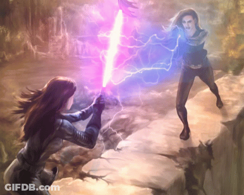 A Painting Of A Woman Holding A Lightning Sword GIF