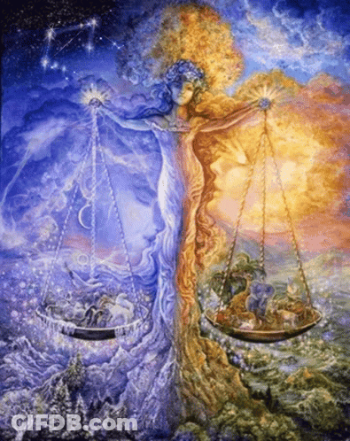 A Painting Of A Woman Holding A Scale With A Constellation Of Libra In The Background GIF
