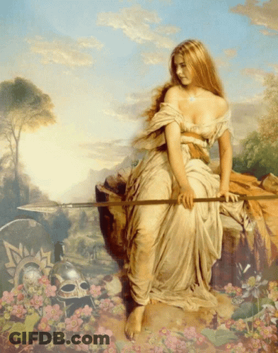 A Painting Of A Woman Holding A Spear With Flowers In The Foreground GIF