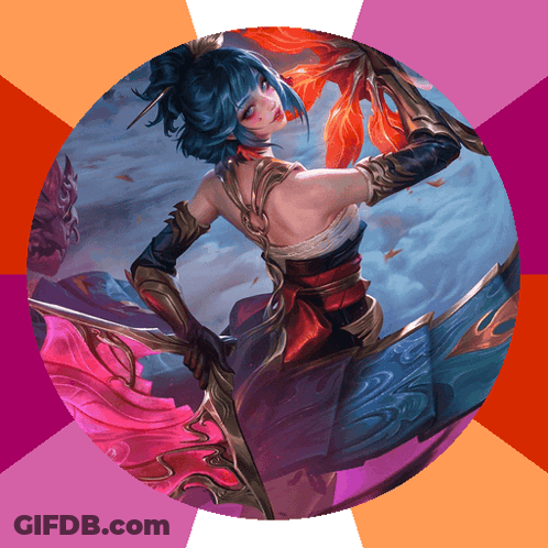A Painting Of A Woman Holding A Sword And A Fan GIF