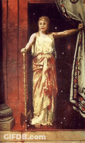 A Painting Of A Woman Holding A Sword And Axe GIF