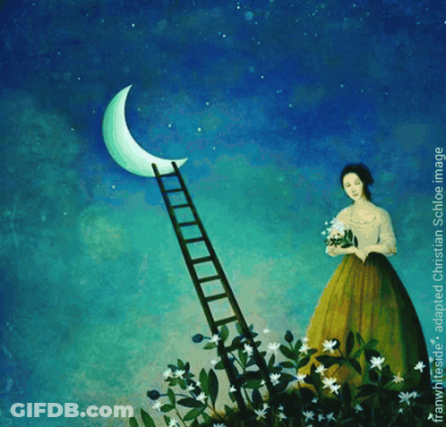 A Painting Of A Woman Holding Flowers And A Ladder Leading To The Moon GIF