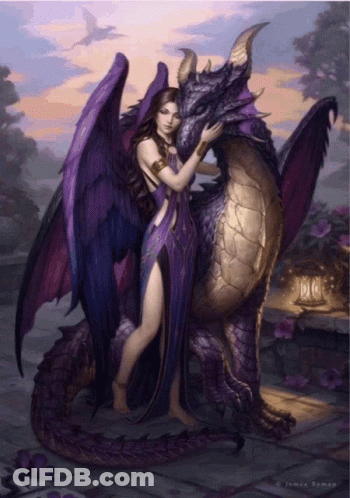 A Painting Of A Woman Hugging A Purple Dragon GIF