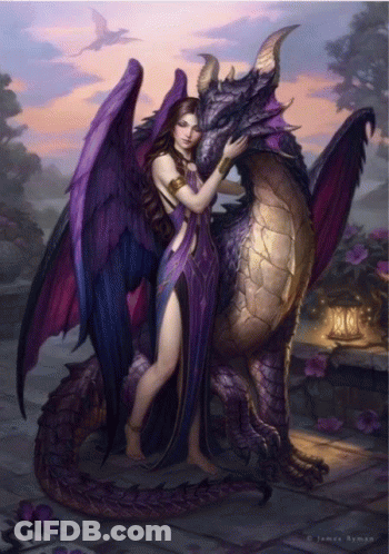 A Painting Of A Woman Hugging A Purple Dragon With The Name James Roman At The Bottom GIF