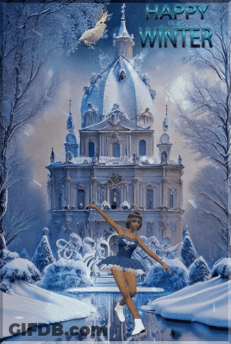 A Painting Of A Woman Ice Skating In Front Of A Castle That Says Happy Winter On It GIF