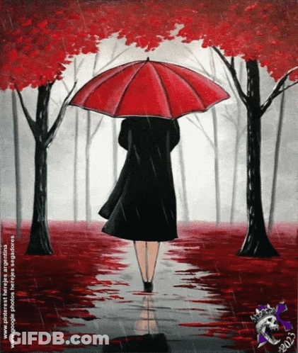 A Painting Of A Woman In A Black Coat Holding A Red Umbrella GIF