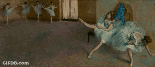 A Painting Of A Woman In A Blue Dress Sitting On A Chair With Her Legs Crossed GIF