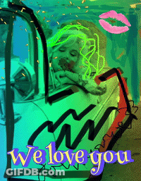 A Painting Of A Woman In A Car With The Words " We Love You " GIF